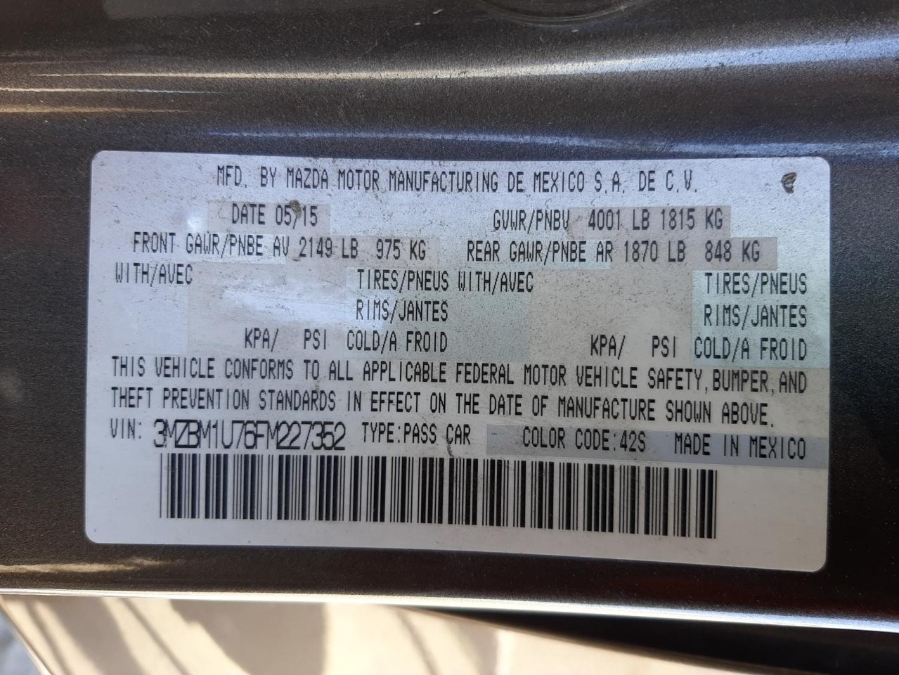 Photo 10 from auction – 2015 MAZDA 3 SPORT with VIN 3MZBM1U76FM227352