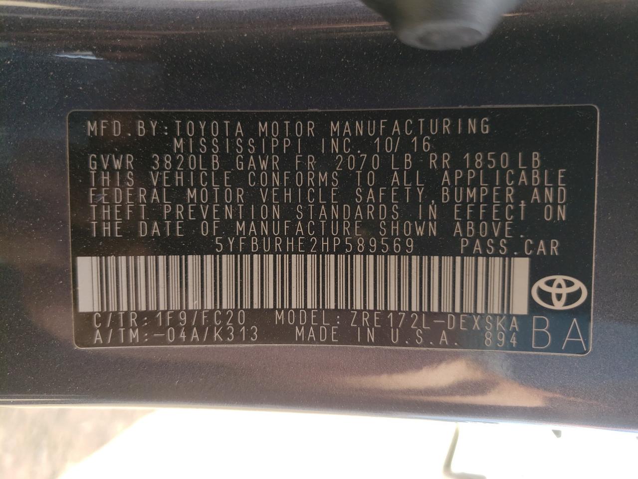 Photo 10 from auction – 2017 TOYOTA COROLLA L with VIN 5YFBURHE2HP589569