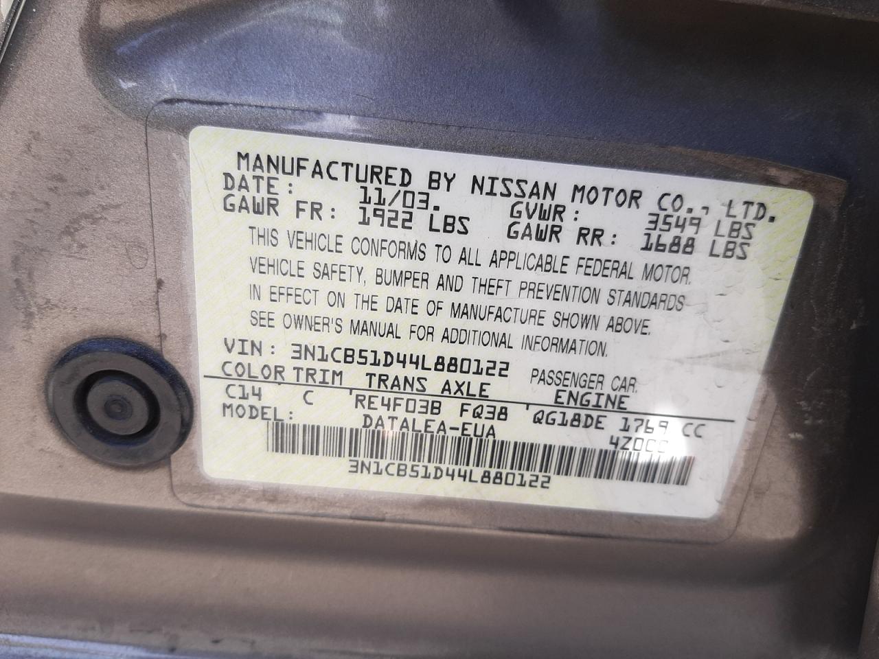 Photo 10 from auction – 2004 NISSAN SENTRA 1.8 with VIN 3N1CB51D44L880122