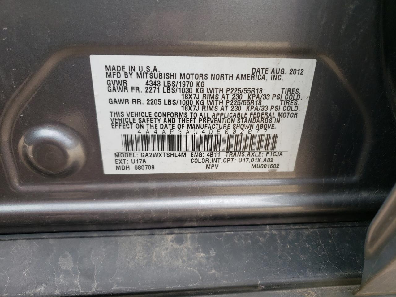 Photo 10 from auction – 2013 MITSUBISHI OUTLANDER with VIN 4A4AP3AU4DE002077