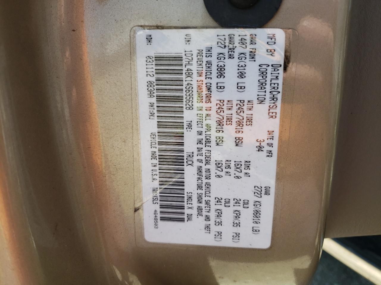 Photo 10 from auction – 2004 DODGE DAKOTA QUA with VIN 1D7HL48K14S695628