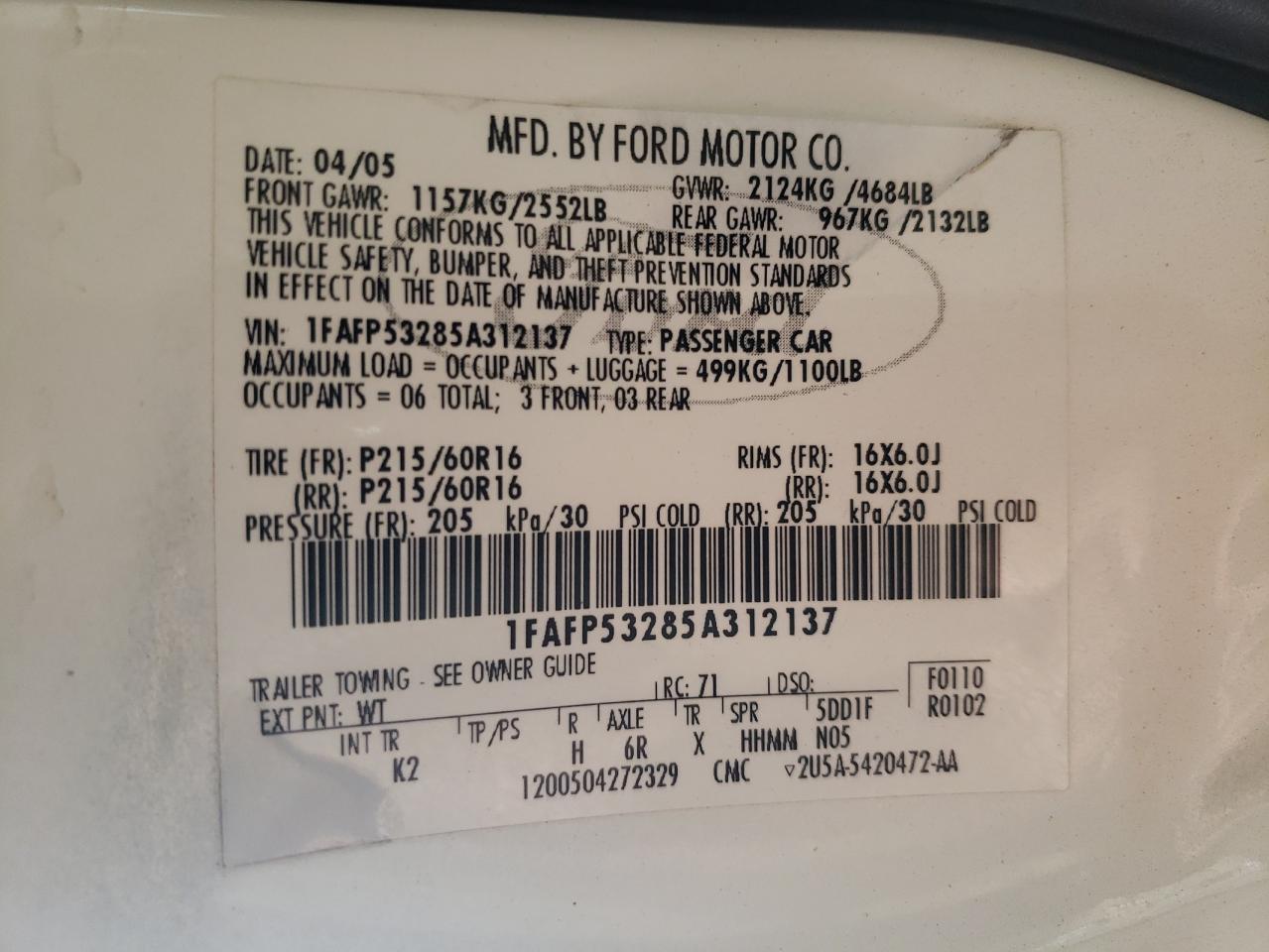 Foto 10 de la subasta – 2005 FORD TAURUS SE con VIN 1FAFP53285A312137