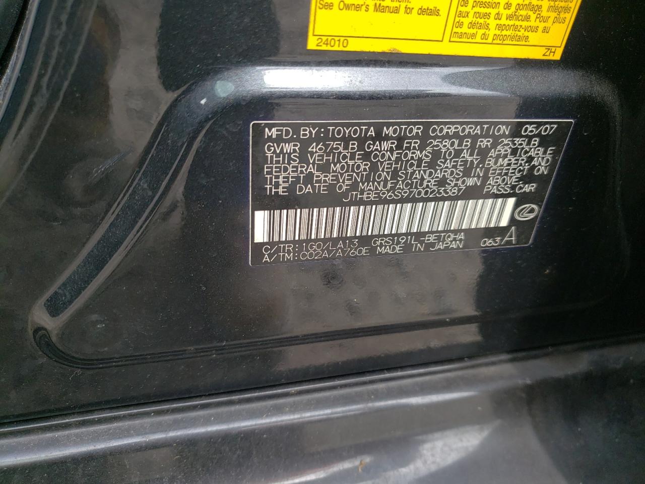 Photo 10 from auction – 2007 LEXUS GS 350 with VIN JTHBE96S970023387