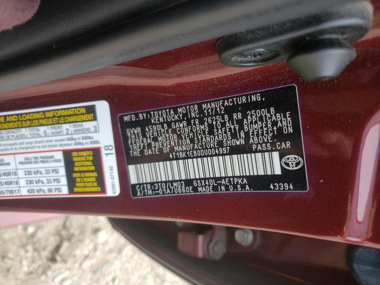 Photo 10 from auction – 2013 TOYOTA AVALON BAS with VIN 4T1BK1EB0DU004997