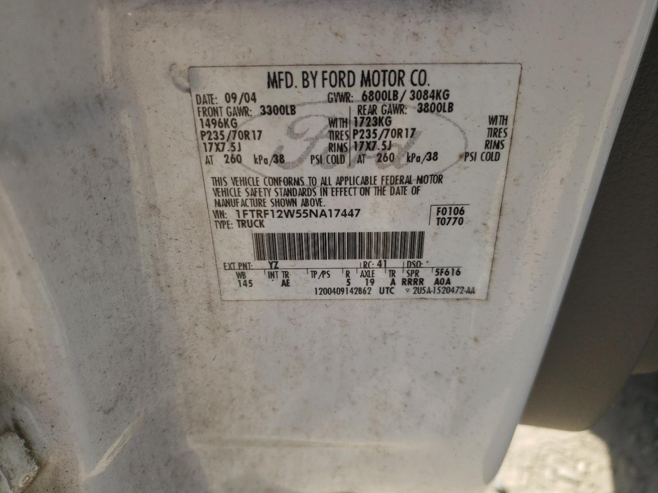 Photo 10 from auction – 2005 FORD F150 with VIN 1FTRF12W55NA17447