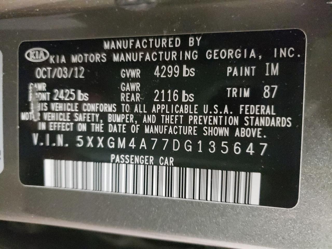 Photo 10 from auction – 2013 KIA OPTIMA LX with VIN 5XXGM4A77DG135647