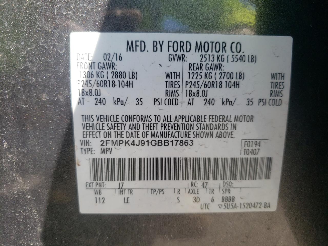 Photo 10 from auction – 2016 FORD EDGE SEL with VIN 2FMPK4J91GBB17863