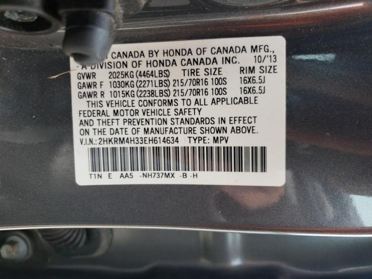 Photo 10 from auction – 2014 HONDA CR-V LX with VIN 2HKRM4H33EH614634