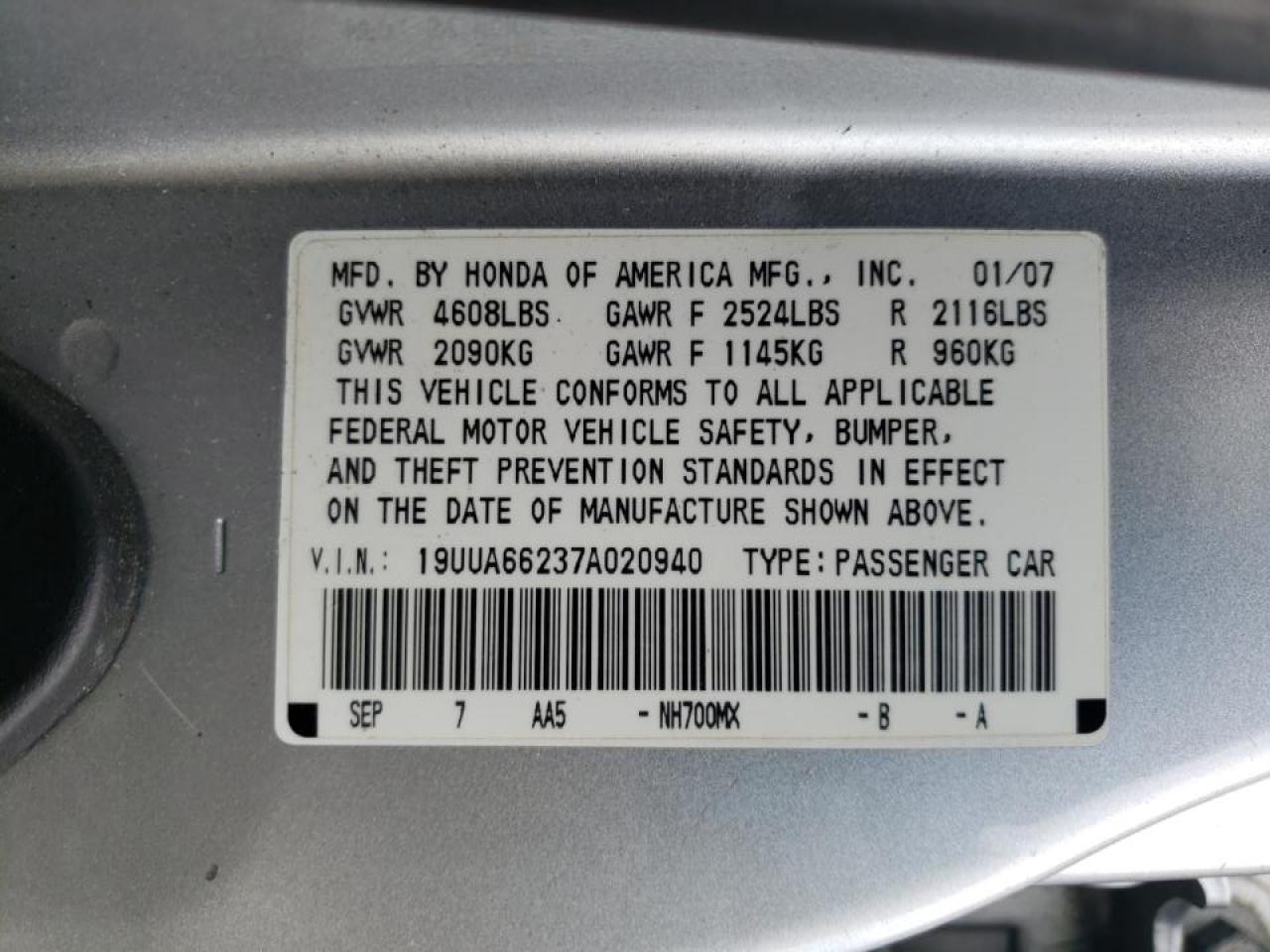 Photo 10 from auction – 2007 ACURA TL with VIN 19UUA66237A020940