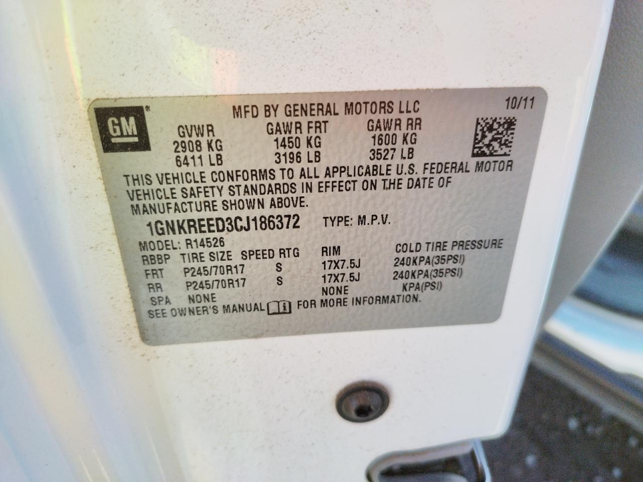 Photo 10 from auction – 2012 CHEVROLET TRAVERSE L with VIN 1GNKREED3CJ186372