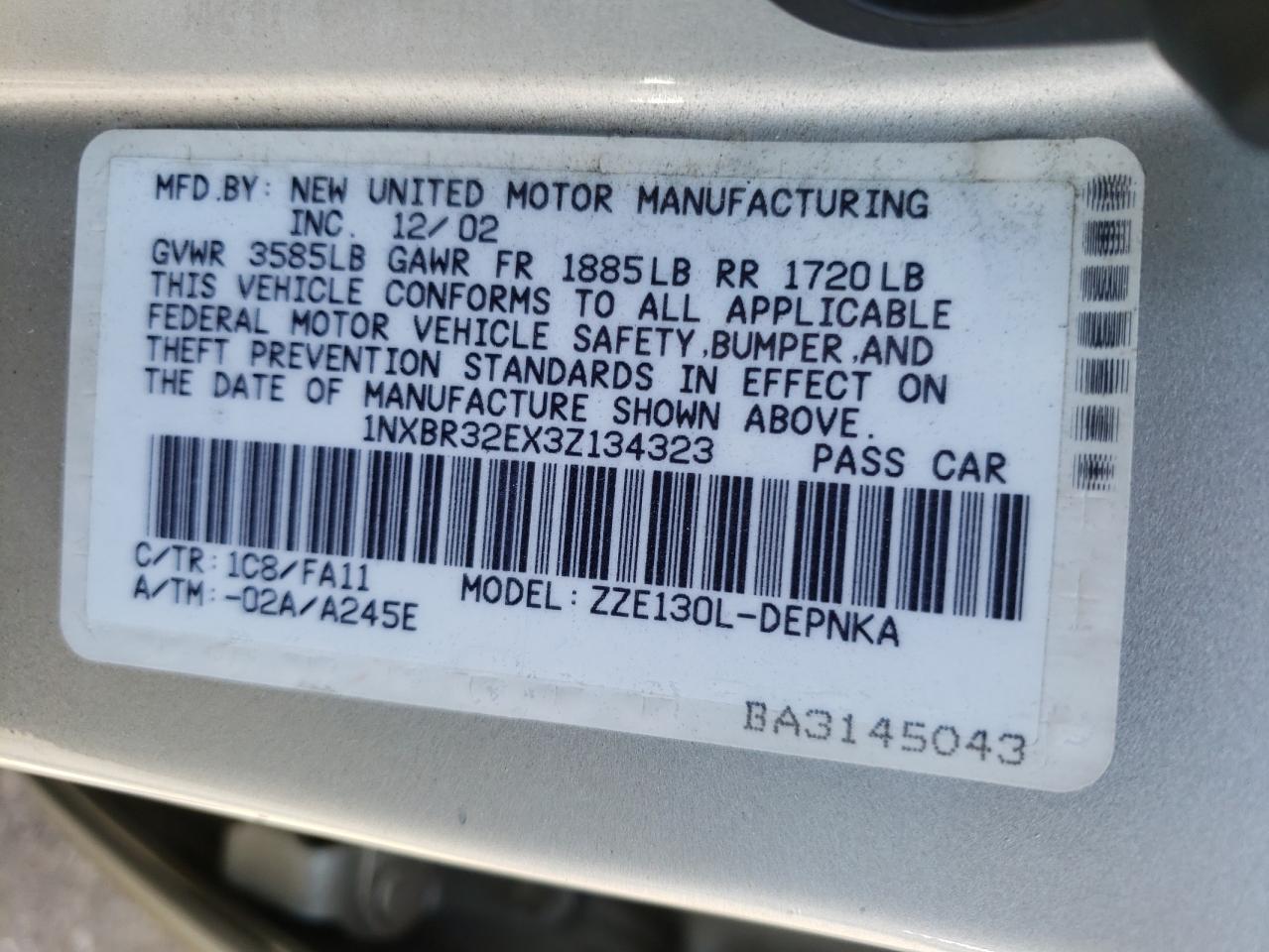 Photo 10 from auction – 2003 TOYOTA COROLLA CE with VIN 1NXBR32EX3Z134323