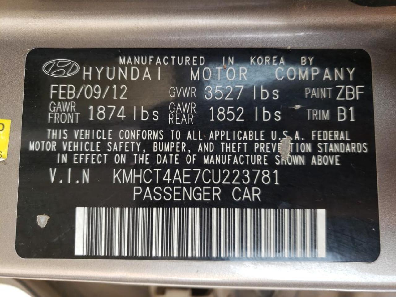 Photo 10 from auction – 2012 HYUNDAI ACCENT GLS with VIN KMHCT4AE7CU223781