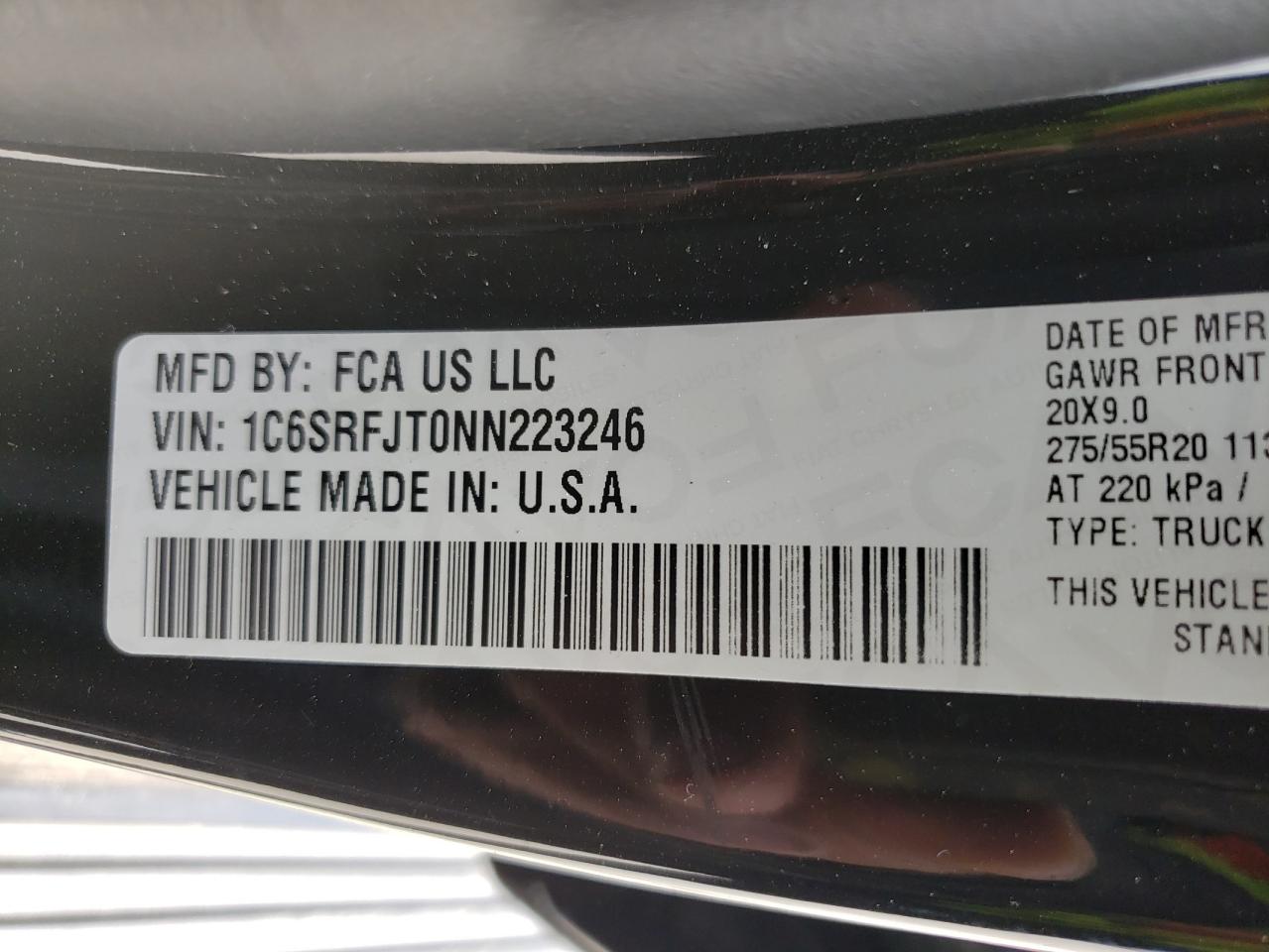 Photo 10 from auction – 2022 RAM 1500 LARAM with VIN 1C6SRFJT0NN223246