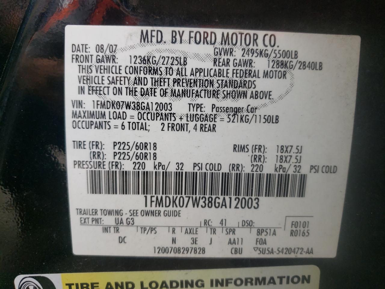 Photo 10 from auction – 2008 FORD TAURUS X E with VIN 1FMDK07W38GA12003