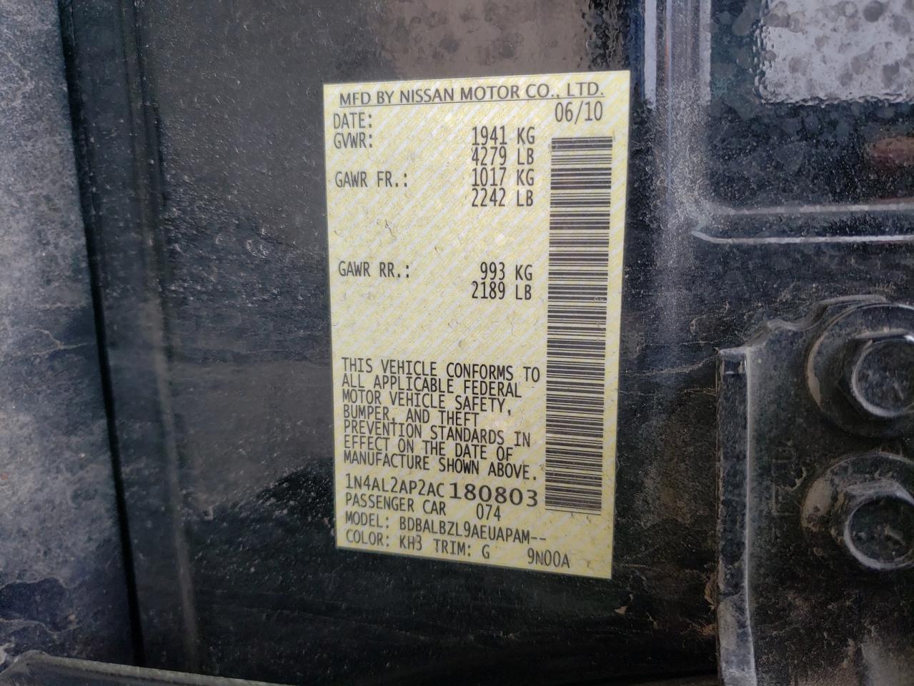 Photo 10 from auction – 2010 NISSAN ALTIMA BAS with VIN 1N4AL2AP2AC180803