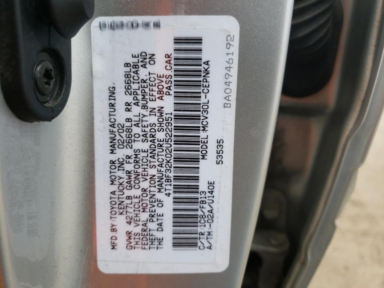 Photo 10 from auction – 2002 TOYOTA CAMRY LE with VIN 4T1BF32K02U522951
