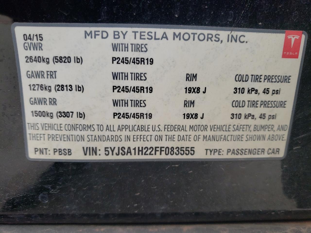 Photo 10 from auction – 2015 TESLA MODEL S 85 with VIN 5YJSA1H22FF083555