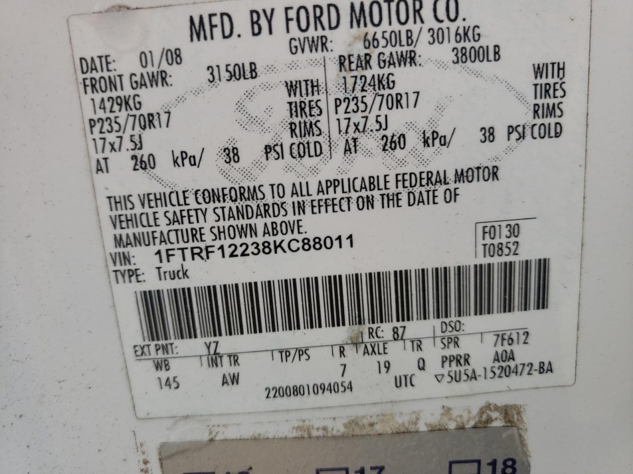 Photo 10 from auction – 2008 FORD F150 with VIN 1FTRF12238KC88011