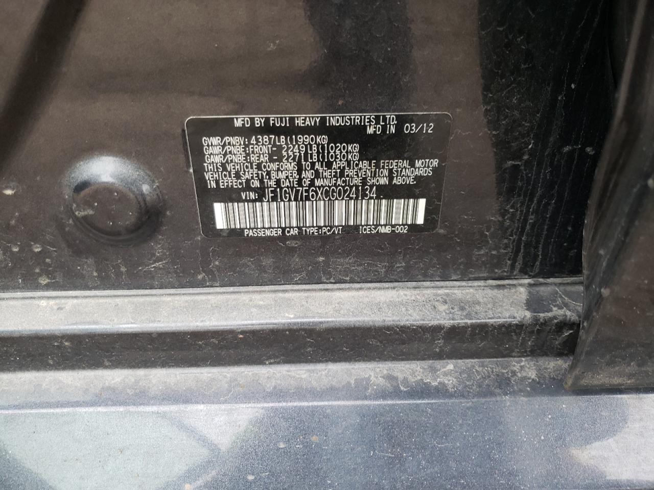 Zdjęcie 10 z aukcji – 2012 SUBARU IMPREZA WR z VIN JF1GV7F6XCG024134