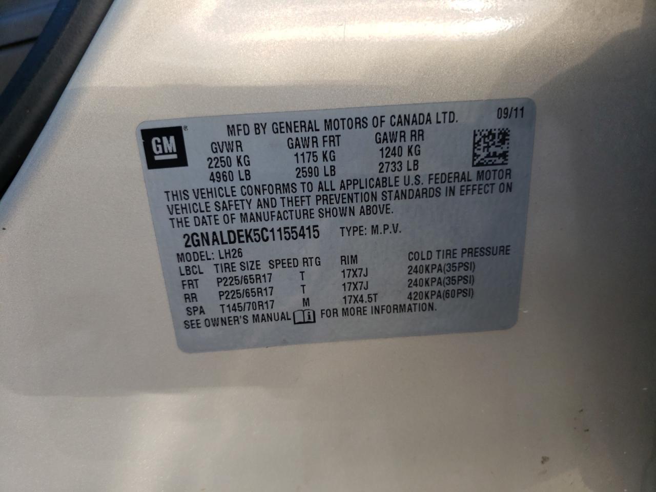 Photo 10 from auction – 2012 CHEVROLET EQUINOX LT with VIN 2GNALDEK5C1155415