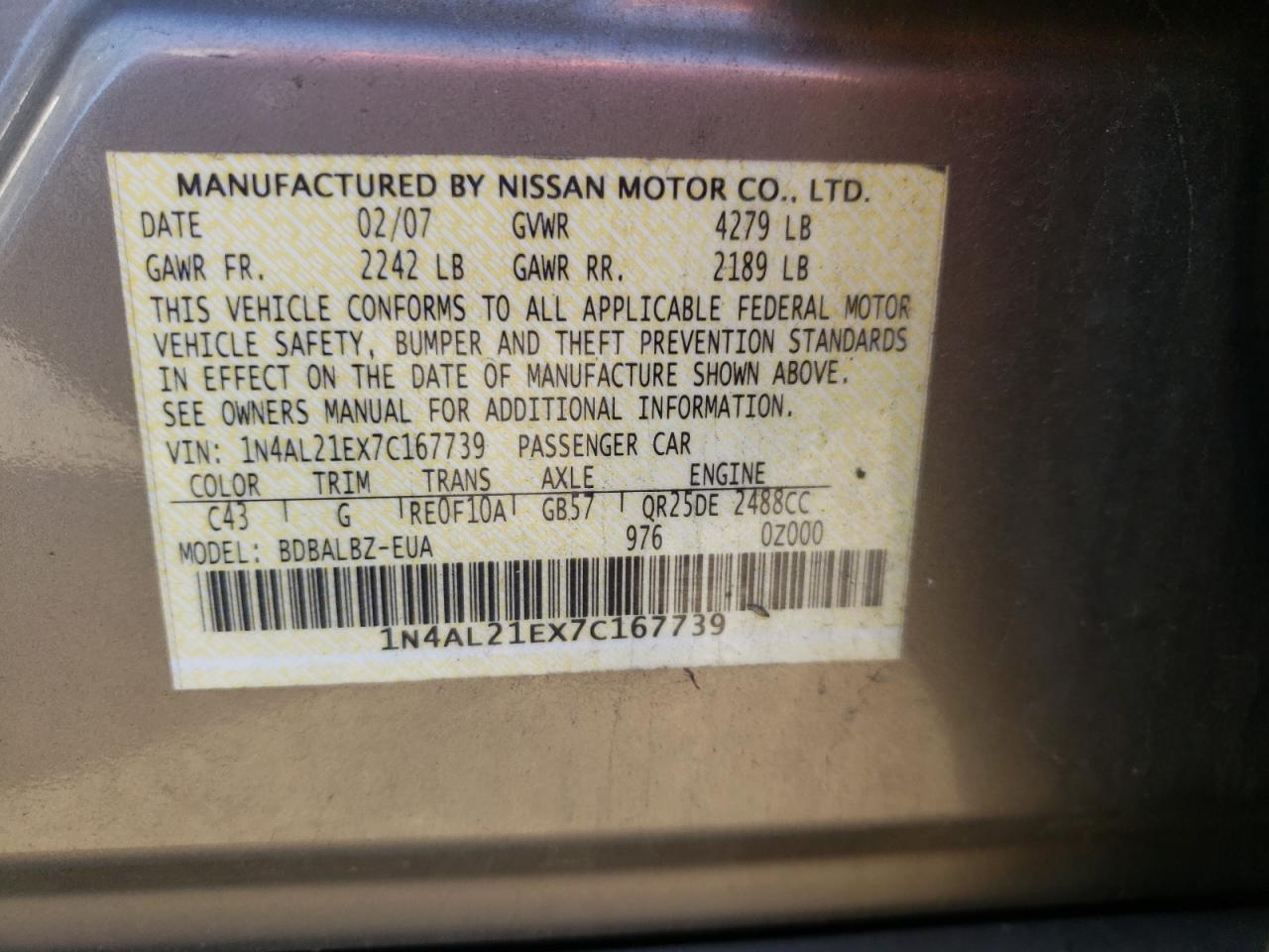 Photo 10 from auction – 2007 NISSAN ALTIMA 2.5 with VIN 1N4AL21EX7C167739