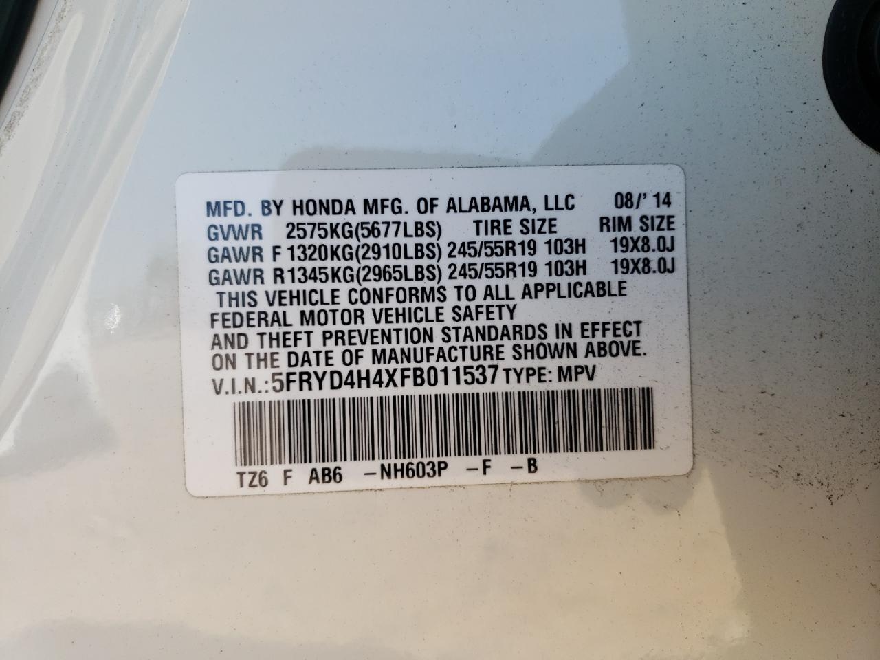 Photo 10 from auction – 2015 ACURA MDX TECHNO with VIN 5FRYD4H4XFB011537