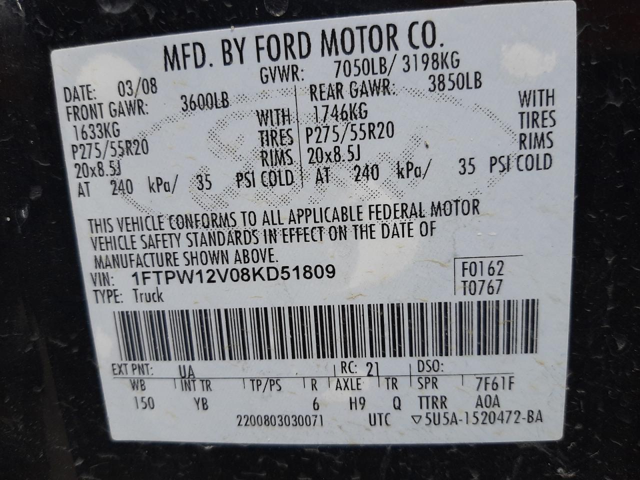 Photo 10 from auction – 2008 FORD F150 SUPER with VIN 1FTPW12V08KD51809