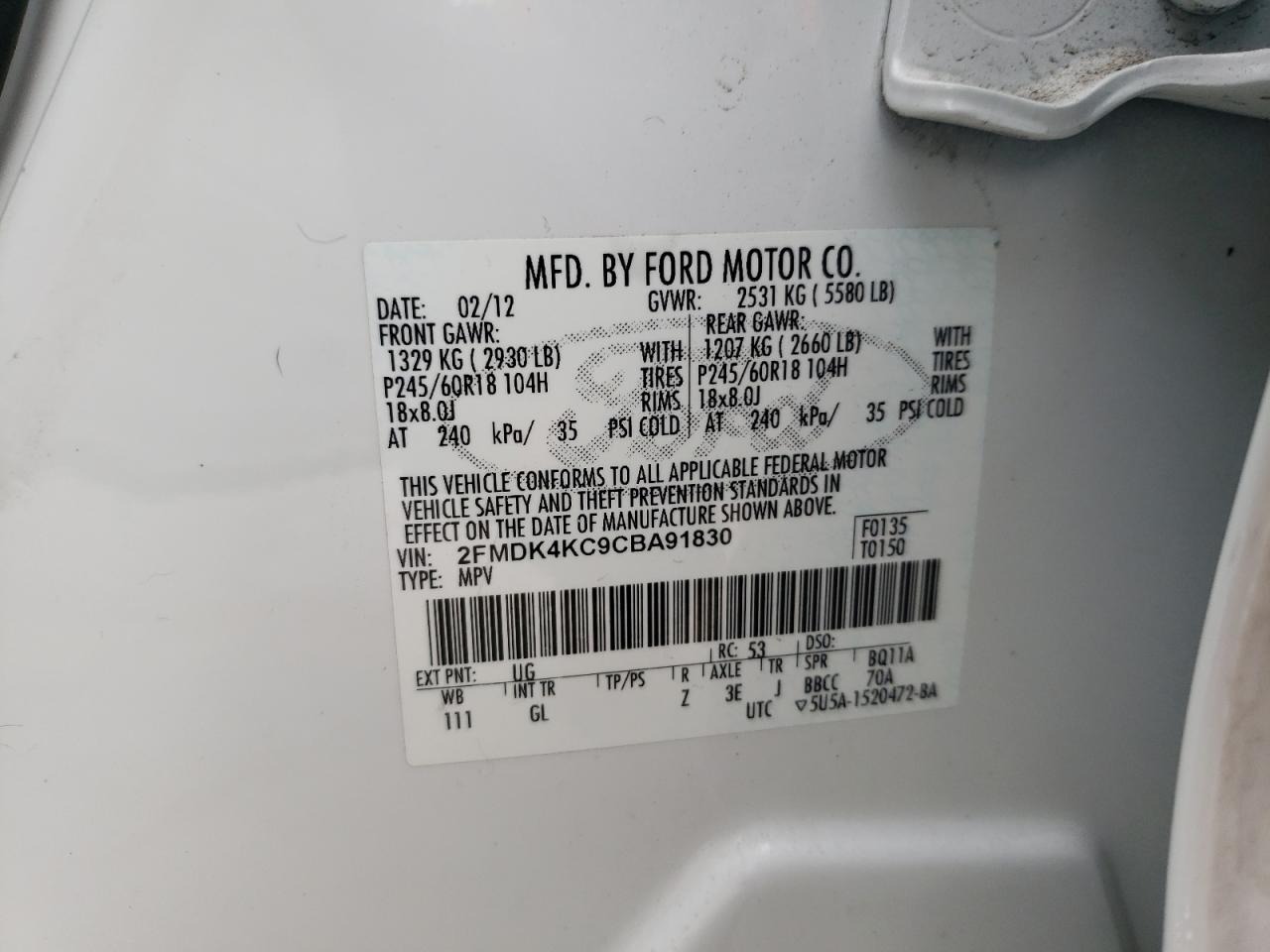 Photo 10 from auction – 2012 FORD EDGE LIMIT with VIN 2FMDK4KC9CBA91830