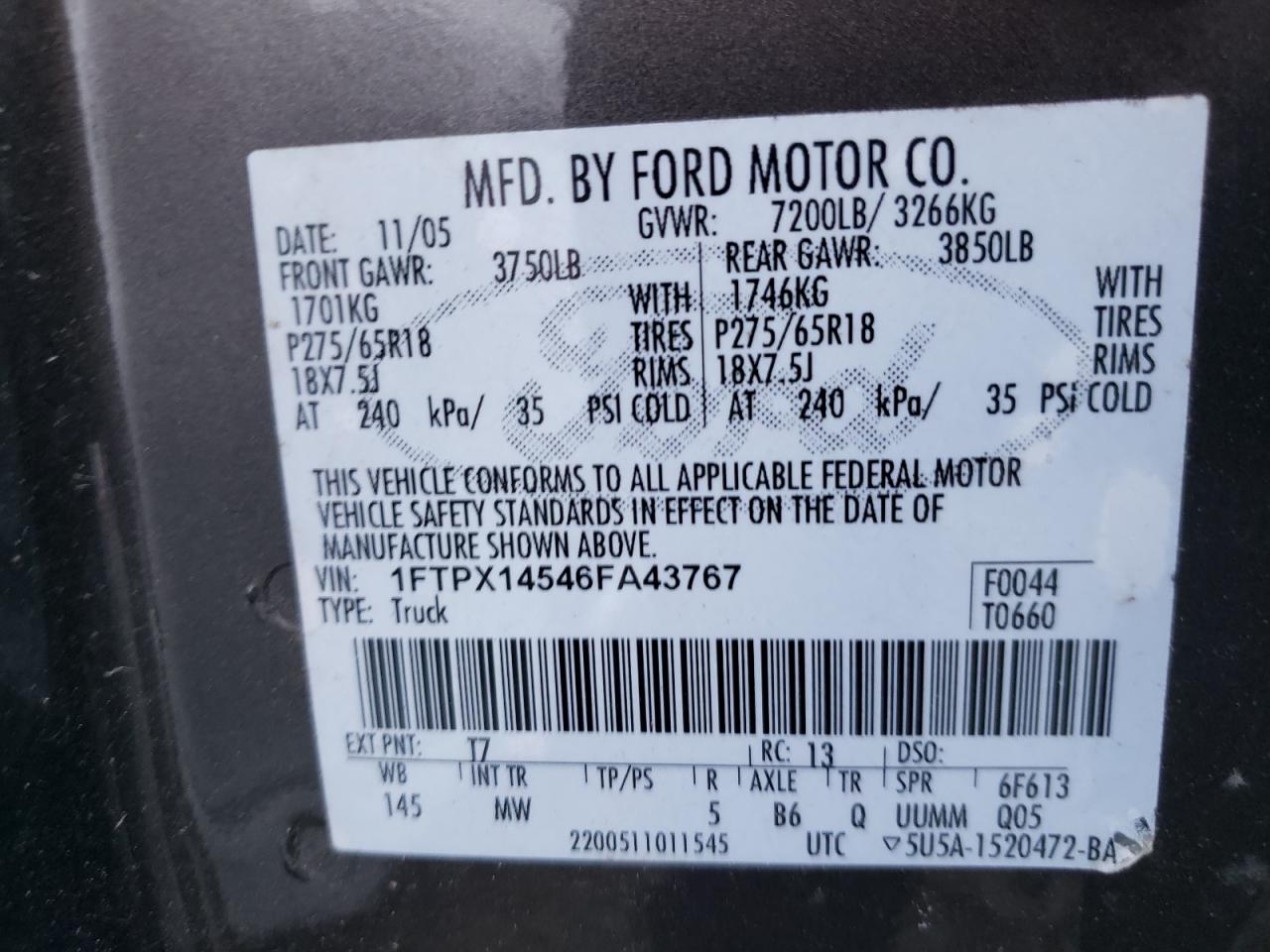 Photo 10 from auction – 2006 FORD F150 with VIN 1FTPX14546FA43767