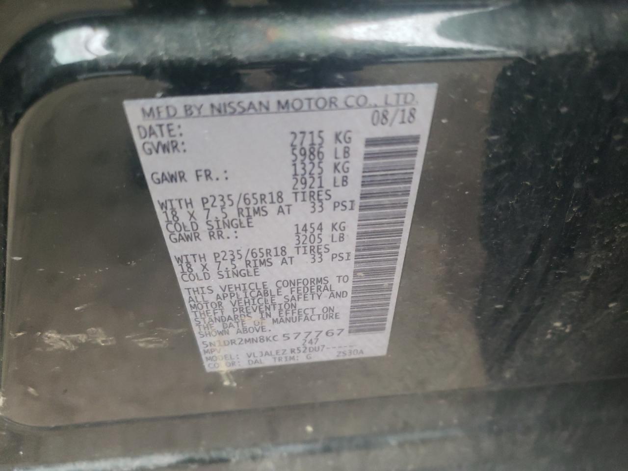 Photo 10 from auction – 2019 NISSAN PATHFINDER with VIN 5N1DR2MN8KC577767