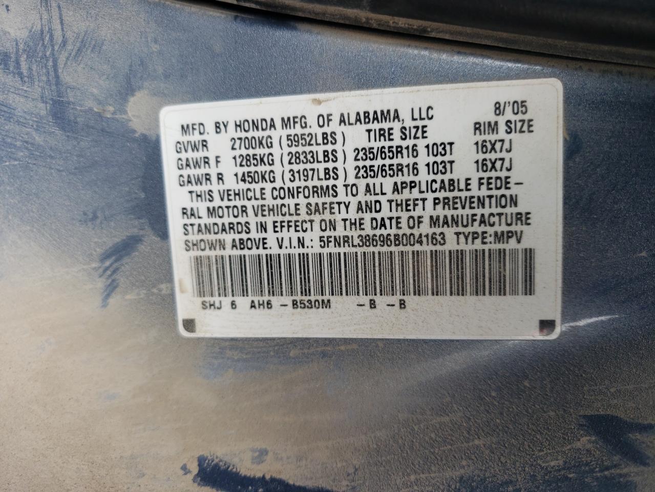 Photo 10 from auction – 2006 HONDA ODYSSEY EX with VIN 5FNRL38696B004163