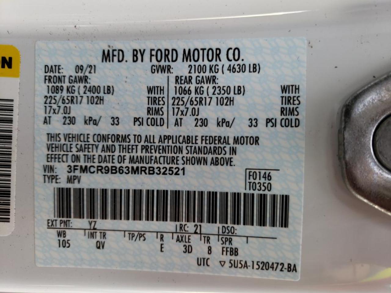 Photo 10 from auction – 2021 FORD BRONCO SPO with VIN 3FMCR9B63MRB32521