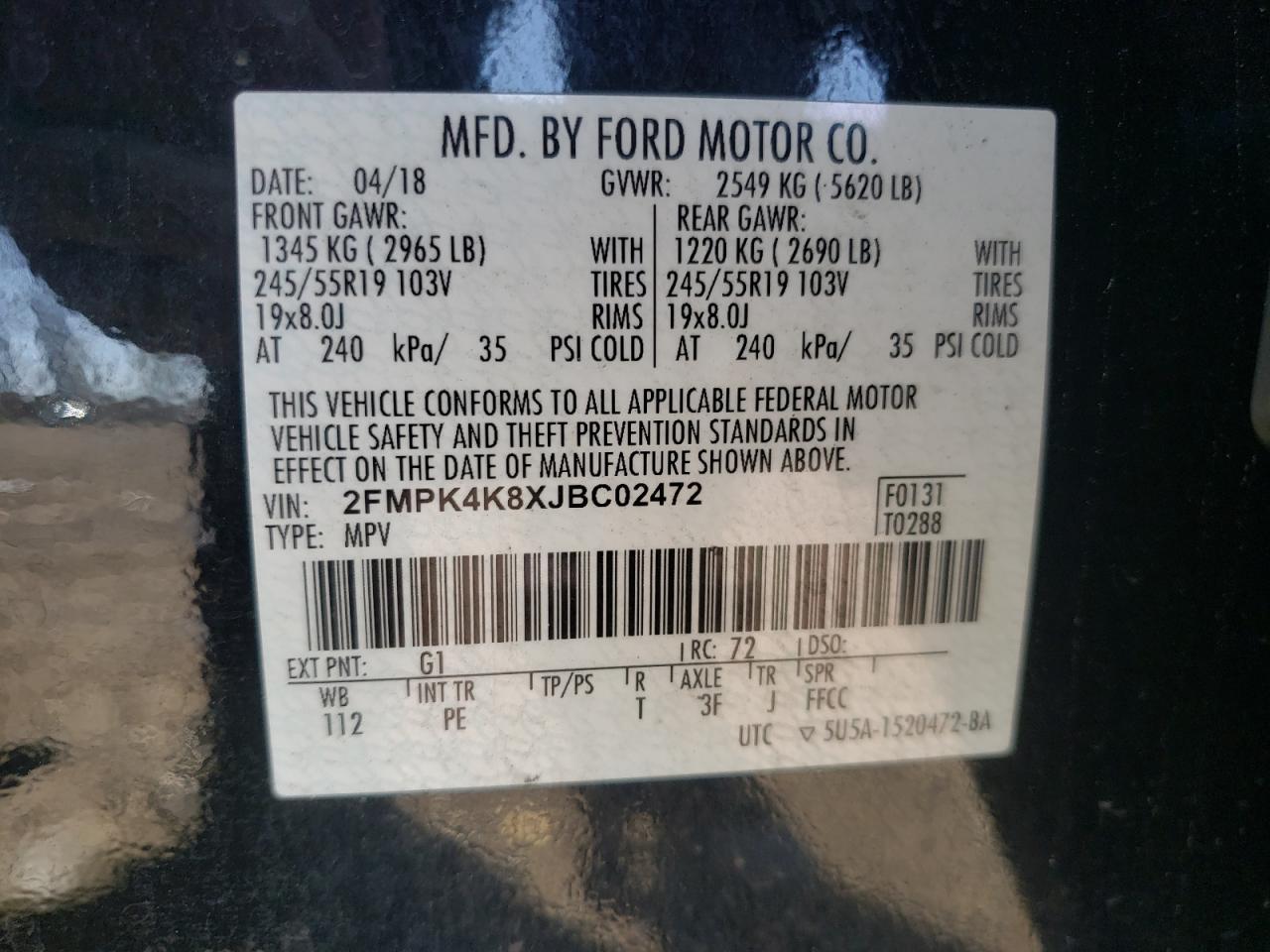 Photo 10 from auction – 2018 FORD EDGE TITAN with VIN 2FMPK4K8XJBC02472