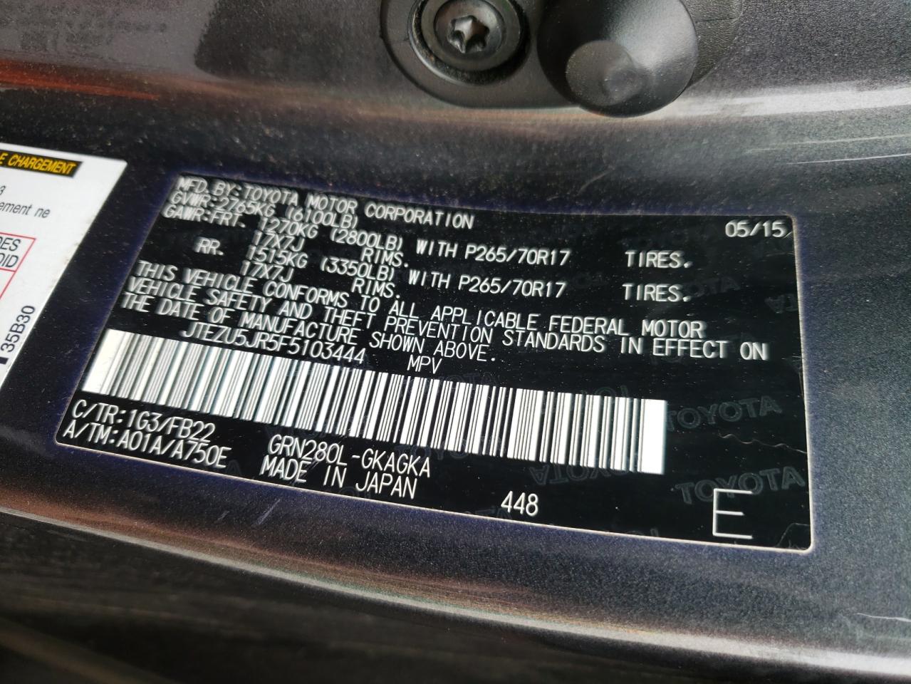 Photo 10 from auction – 2015 TOYOTA 4RUNNER SR with VIN JTEZU5JR5F5103444