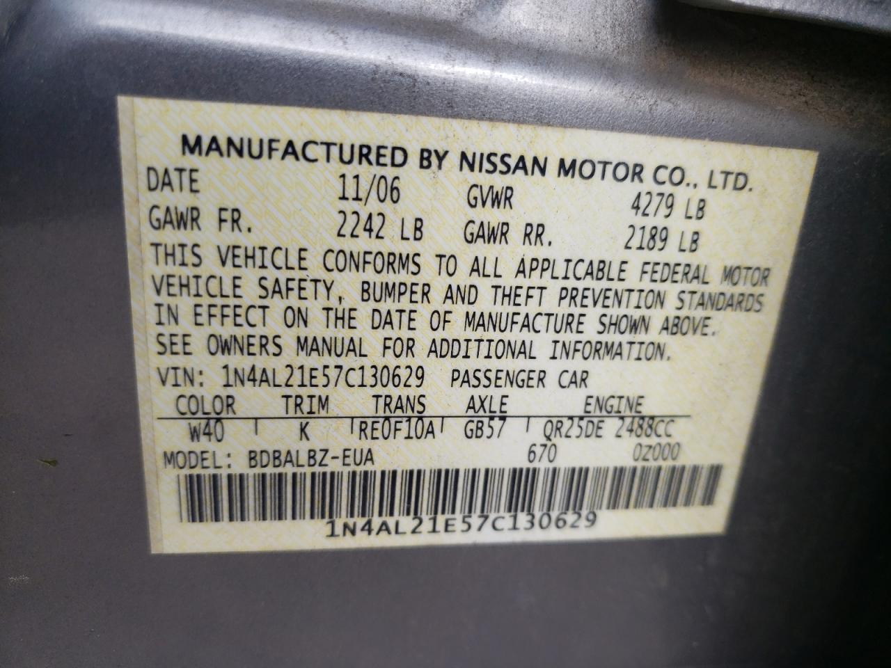 Photo 10 from auction – 2007 NISSAN ALTIMA 2.5 with VIN 1N4AL21E57C130629