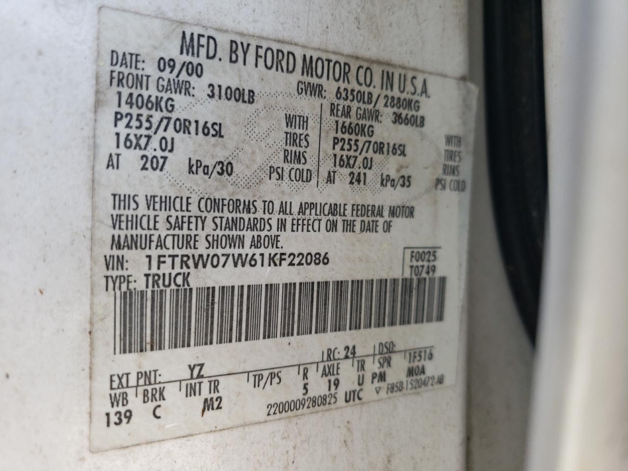 Photo 10 from auction – 2001 FORD F150 SUPER with VIN 1FTRW07W61KF22086