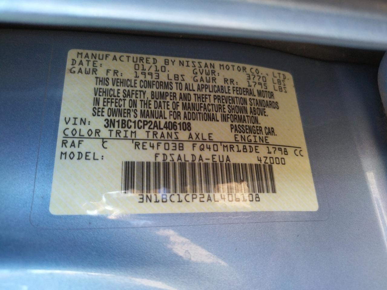 Photo 10 from auction – 2010 NISSAN VERSA S with VIN 3N1BC1CP2AL406108