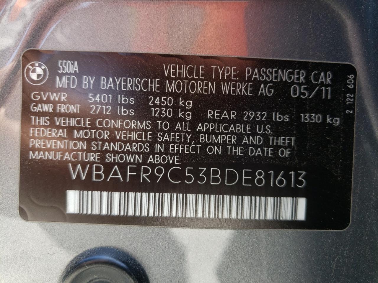 Photo 10 from auction – 2011 BMW 550 I with VIN WBAFR9C53BDE81613