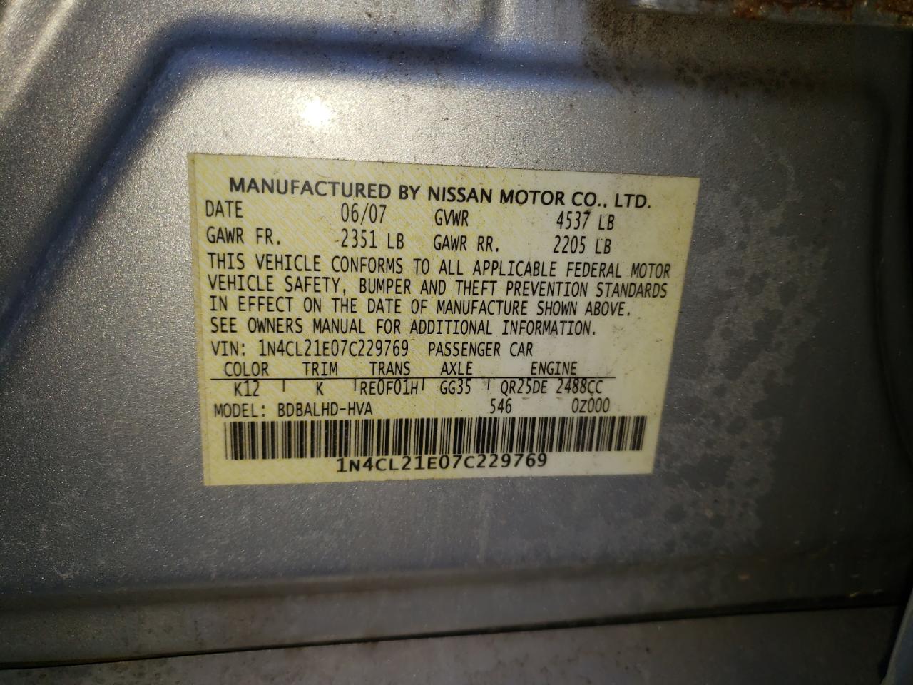 Photo 10 from auction – 2007 NISSAN ALTIMA HYB with VIN 1N4CL21E07C229769