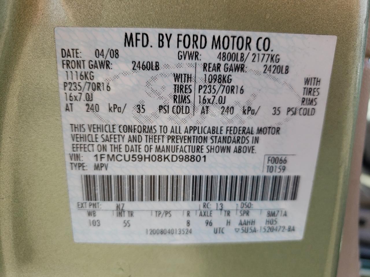 Photo 10 from auction – 2008 FORD ESCAPE with VIN 1FMCU59H08KD98801