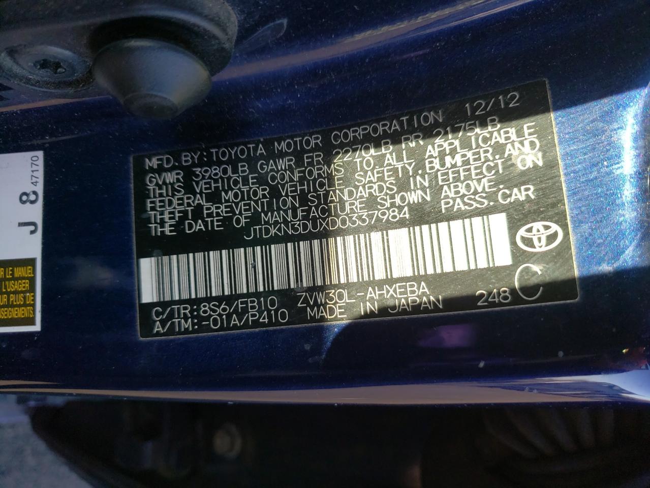 Photo 10 from auction – 2013 TOYOTA PRIUS with VIN JTDKN3DUXD0337984