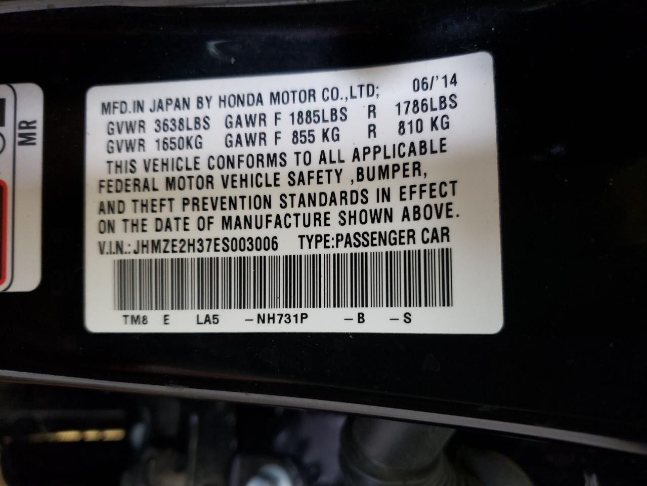 Photo 10 from auction – 2014 HONDA INSIGHT with VIN JHMZE2H37ES003006