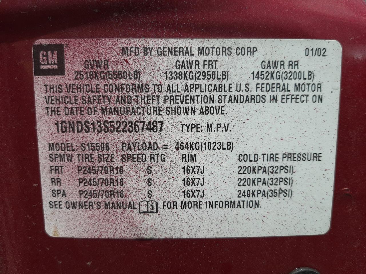 Photo 10 from auction – 2002 CHEVROLET TRAILBLAZE with VIN 1GNDS13S522367487