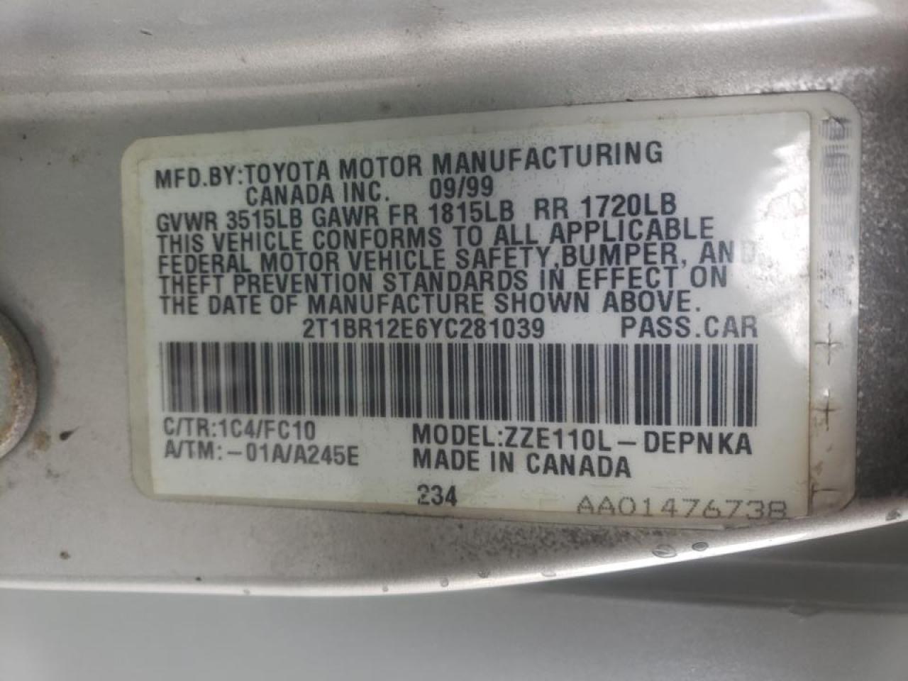 Zdjęcie 10 z aukcji – 2000 TOYOTA COROLLA VE z VIN 2T1BR12E6YC281039