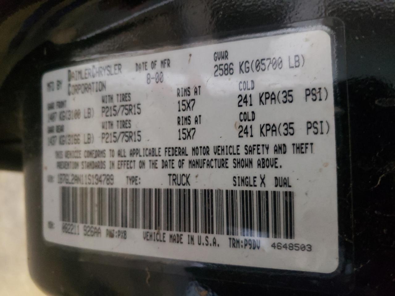 Photo 10 from auction – 2001 DODGE DAKOTA QUA with VIN 1B7GL2AN11S134789