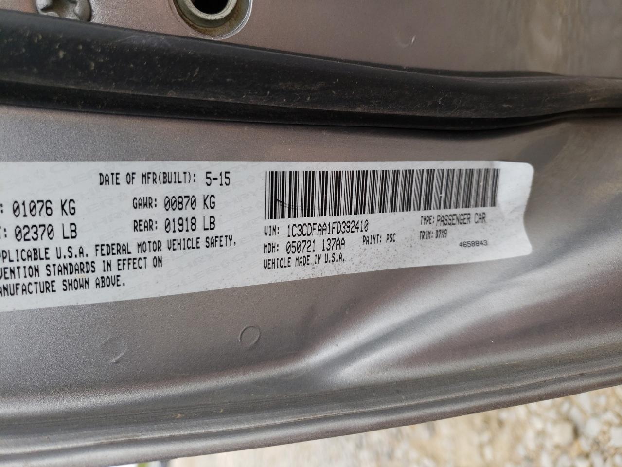 Photo 10 from auction – 2015 DODGE DART SE with VIN 1C3CDFAA1FD392410