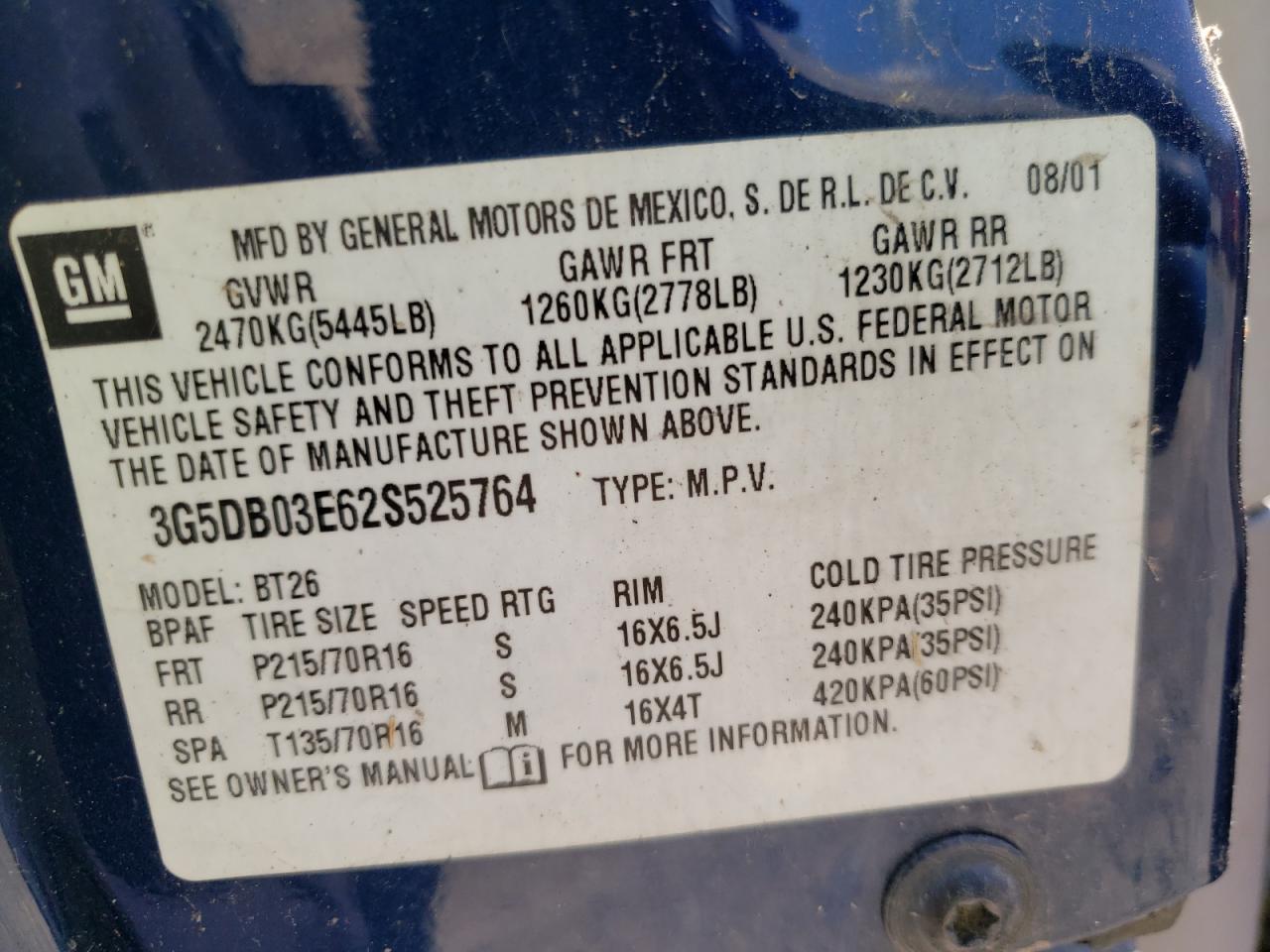 Photo 10 from auction – 2002 BUICK RENDEZVOUS with VIN 3G5DA03E62S523631