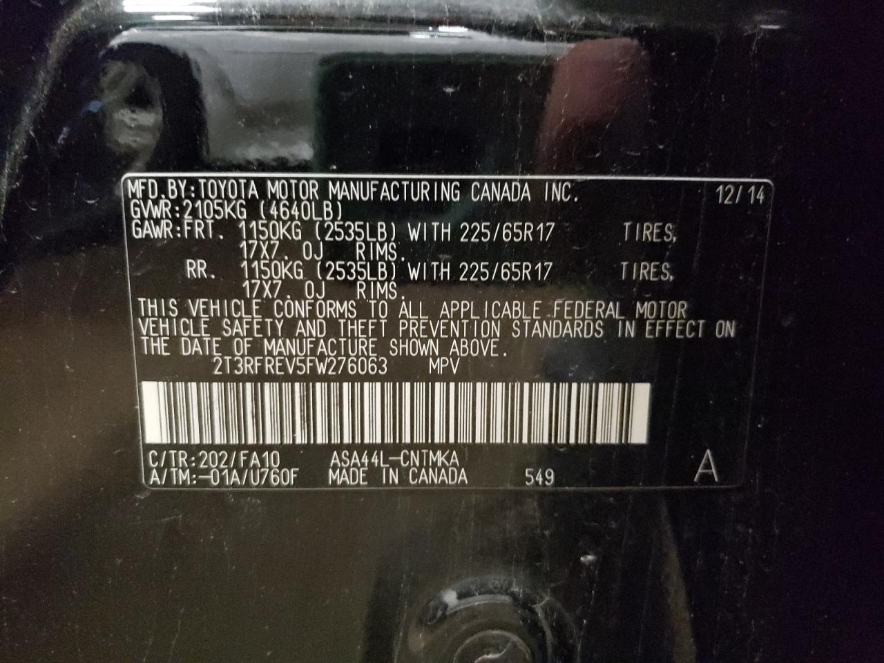 Photo 10 from auction – 2015 TOYOTA RAV4 XLE with VIN 2T3RFREV5FW276063