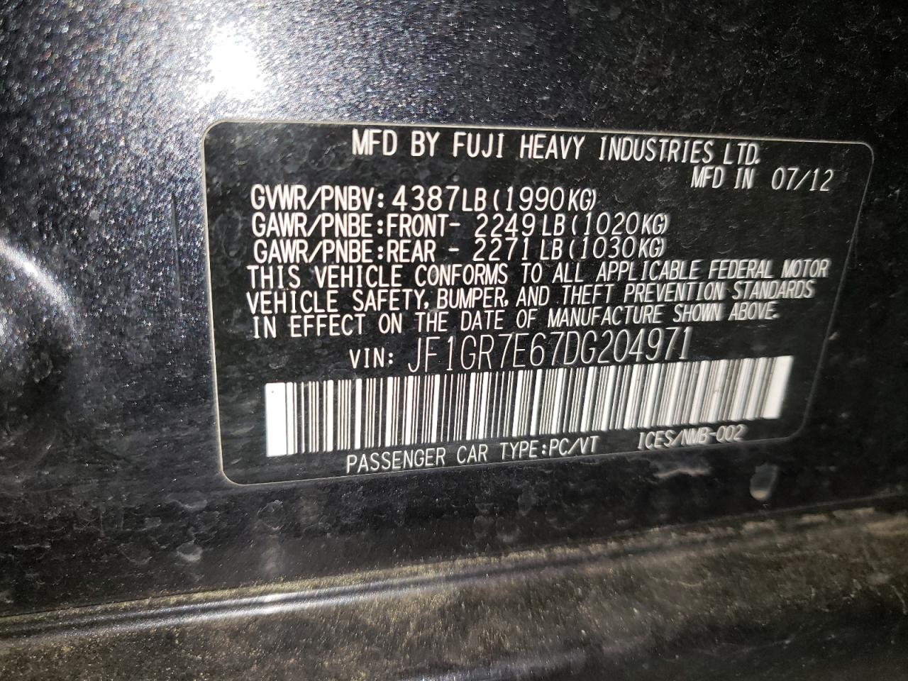 Фото 10 с аукциона – 2013 SUBARU IMPREZA WR с VIN JF1GR7E67DG204971