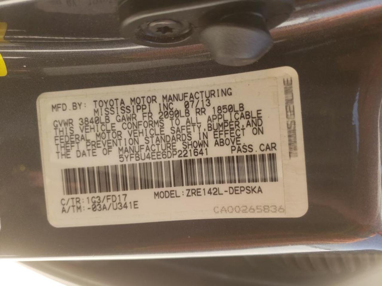 Photo 10 from auction – 2013 TOYOTA COROLLA BA with VIN 5YFBU4EE6DP221641